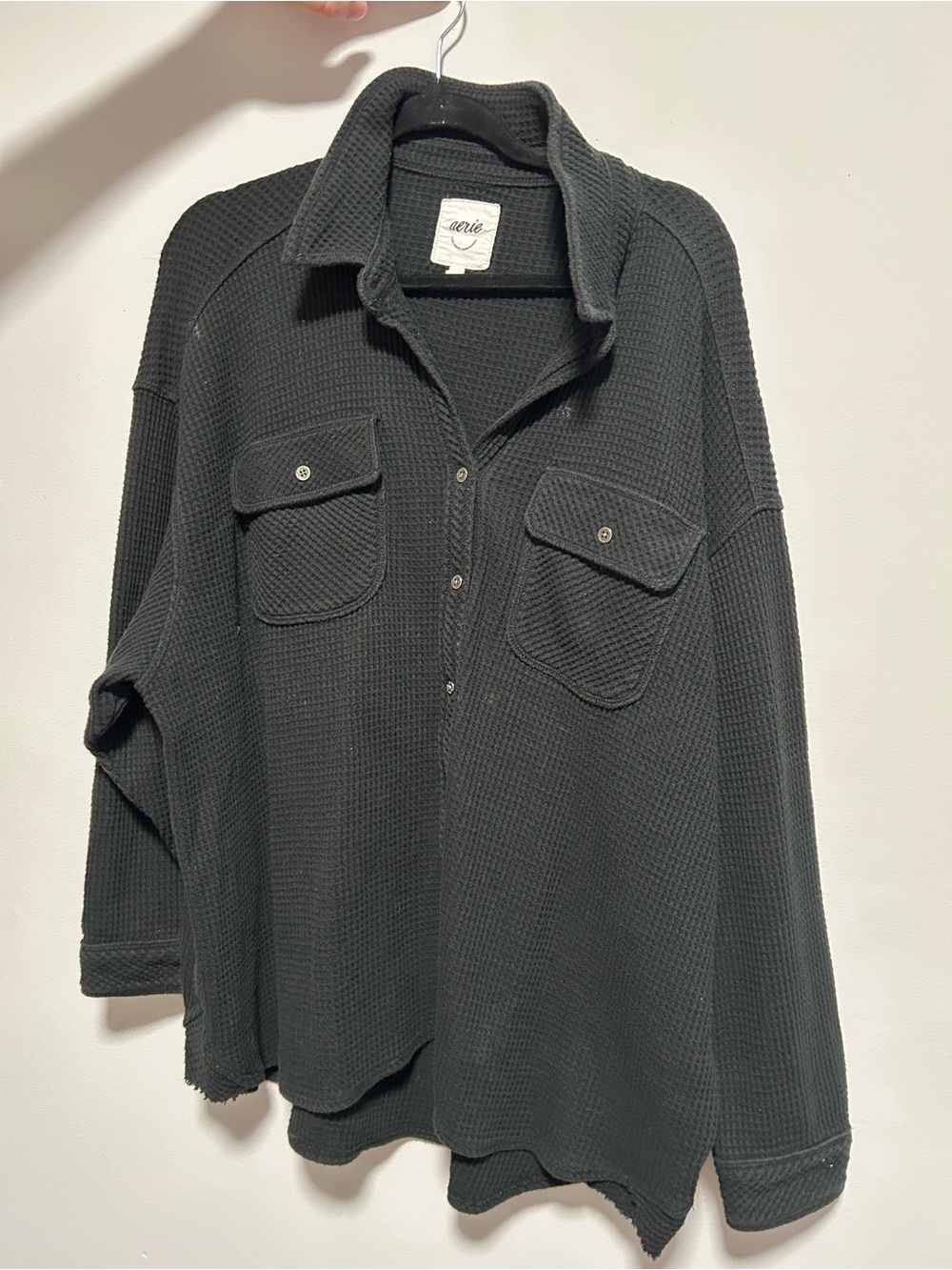 Aerie lumberjack Black Waffle-Knit Button Pullover Shirt